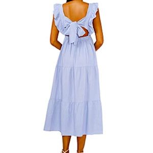 Blue ruffled sleeveless maxi summer dress with tie back
